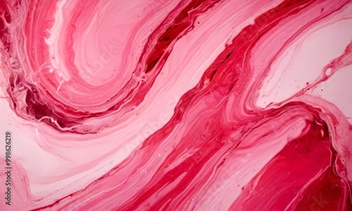 a close-up view pink marble-like pattern, with a mix of pink and white hues The pattern exhibits a swirling, fluid design, reminiscent marbled effect The photo