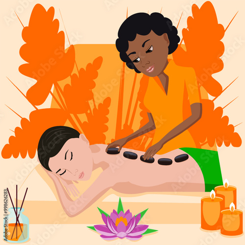 Hot Stone Massage. Therapy and treatment by professional therapist in SPA. Isolated flat vector illustration. African and Asian ethnicity. photo