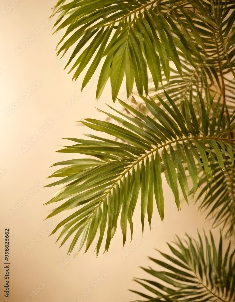Naklejka premium a close-up view palm tree branch with its long, slender fronds against a light beige background