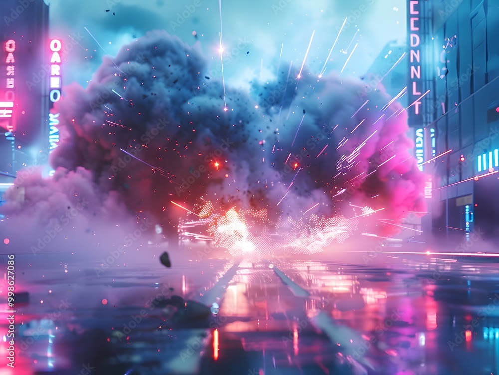Fototapeta premium Cyberpunk Themed Neon Explosion with Cascading Digital Glitches in Urban Dystopian Landscape