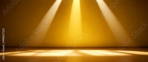 a stage with a warm yellow background, three light beams shining down from the top left, and a wooden floor with a pattern of light and shadow