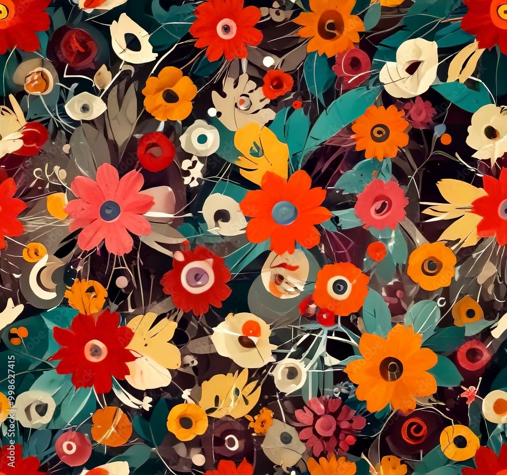 Naklejka premium a vibrant and colorful floral pattern composed of various flowers and leaves in shades of red, orange, yellow, and green