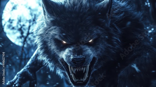mythical werewolf portrait piercing eyes snarling fangs hyperdetailed fur texture moonlit forest background primal ferocity captured