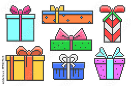Pixel Art Gift Boxes with a Bow Set. Game gifts in retro style. Vector illustration