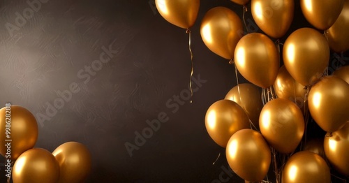 A cluster of gold balloons floats against a dark background, creating a festive and celebratory atmosphere