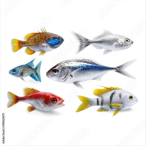 Diverse Aquatic Fish on a White Background