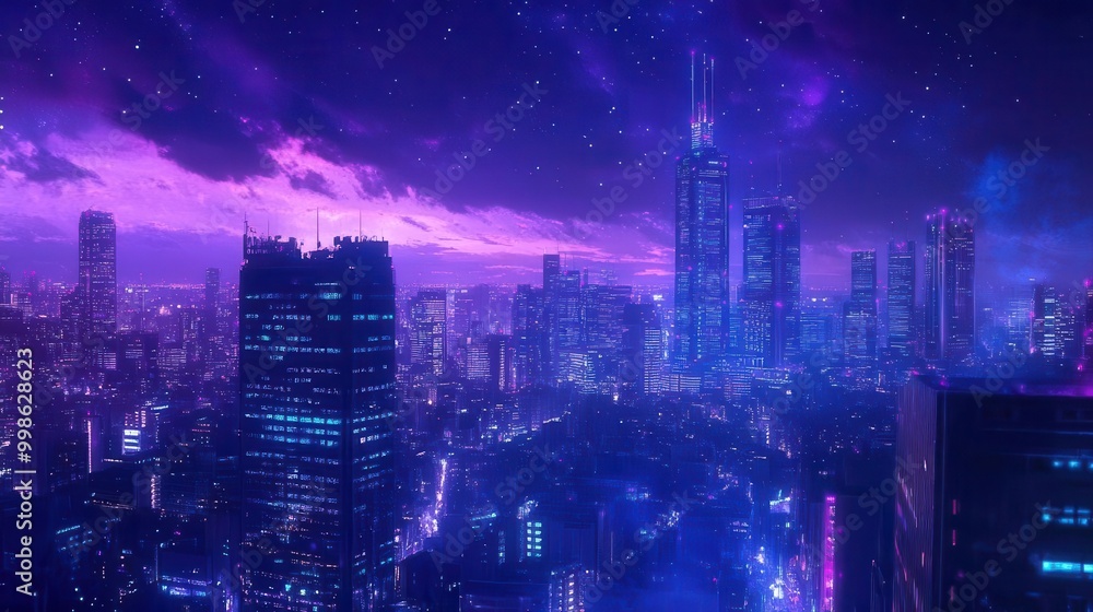 Obraz premium neon cityscape dreamscape vibrant purple and blue hues paint a futuristic skyline blending manga aesthetics with lofi ambiance under a starry night sky