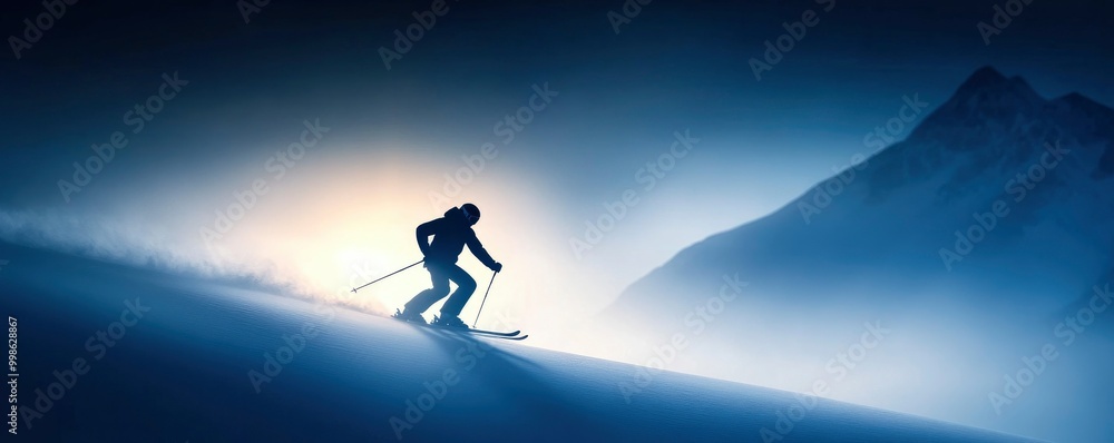 silhouette of a skier glides down the mountain with bright background and blue hue silhouette of a skier glides down the mountain with bright background and blue hue