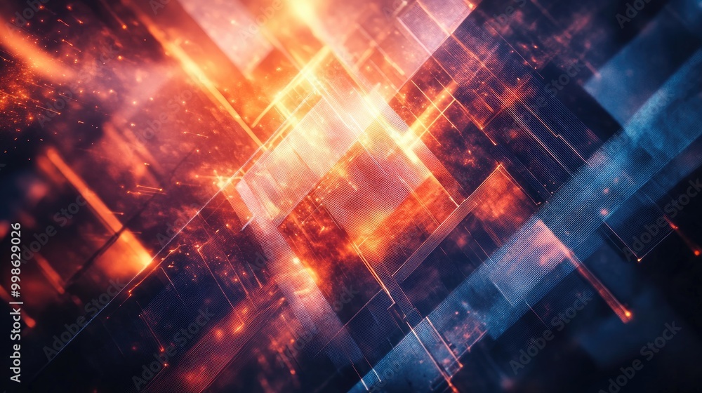 Dynamic abstract innovation background with overlapping geometric patterns and light rays, representing modern technology and creative flow Dynamic abstract innovation background with overlapping geometric patterns and light rays, representing modern technology and creative flow