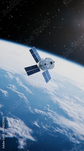 A small satellite floating on space with earth and sunlight on background