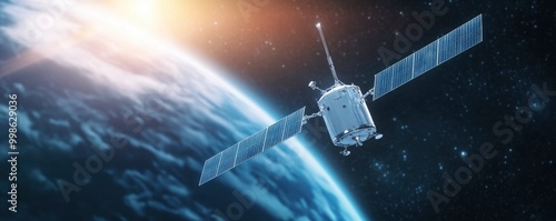 A small satellite floating on space with earth and sunlight on background