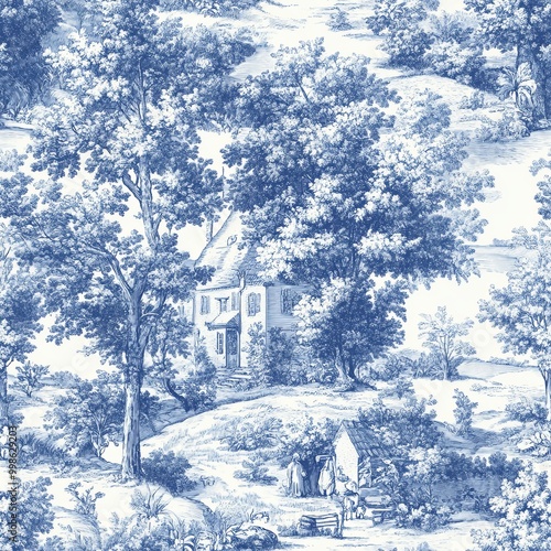 A blue-and-white patterned ...