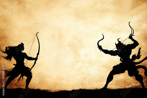 Rama confronts Rava in a fierce duel at twilight copy space Dussehra Diwali photo