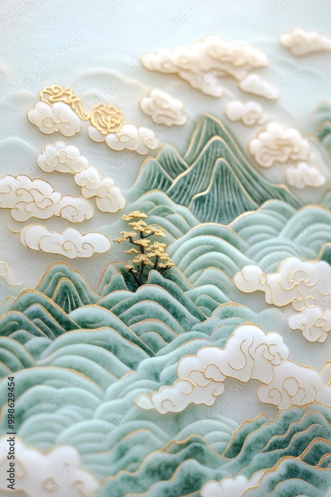 chinese pattern art of green landscape, sun and cloud with golden outline chinese pattern art of green landscape, sun and cloud with golden outline