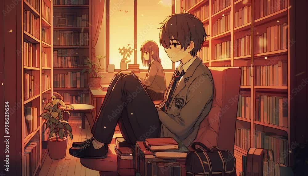 Lofi sad boy anime cartoon sitting in the library. Lofi Loop Motion Background Cover