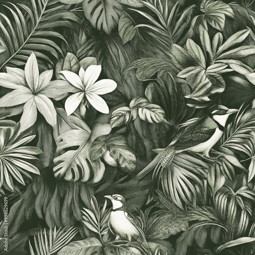 A dense jungle scene featur...