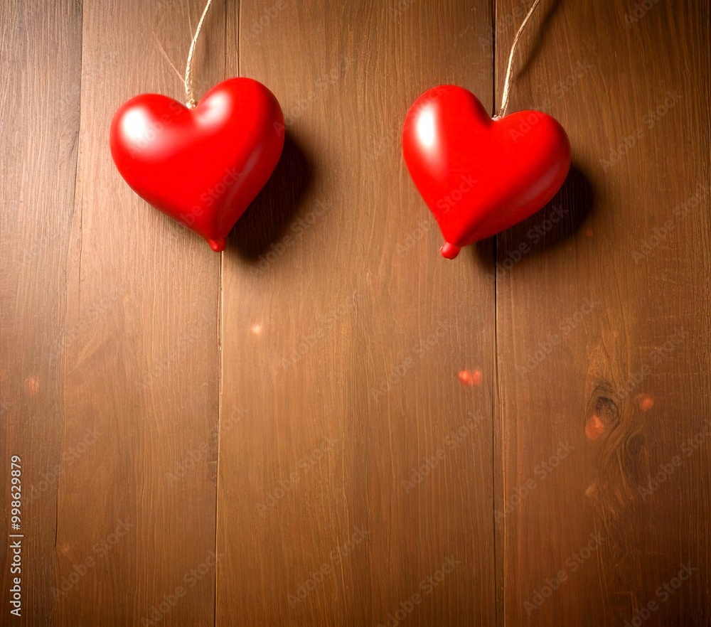 Two red heart-shaped decorations hang from strings against a wooden background Two red heart-shaped decorations hang from strings against a wooden background