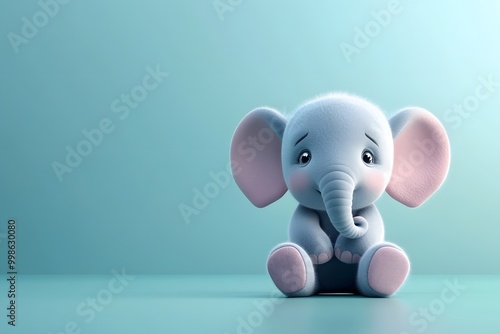 3D illustration of cute sad baby elephant, blue background