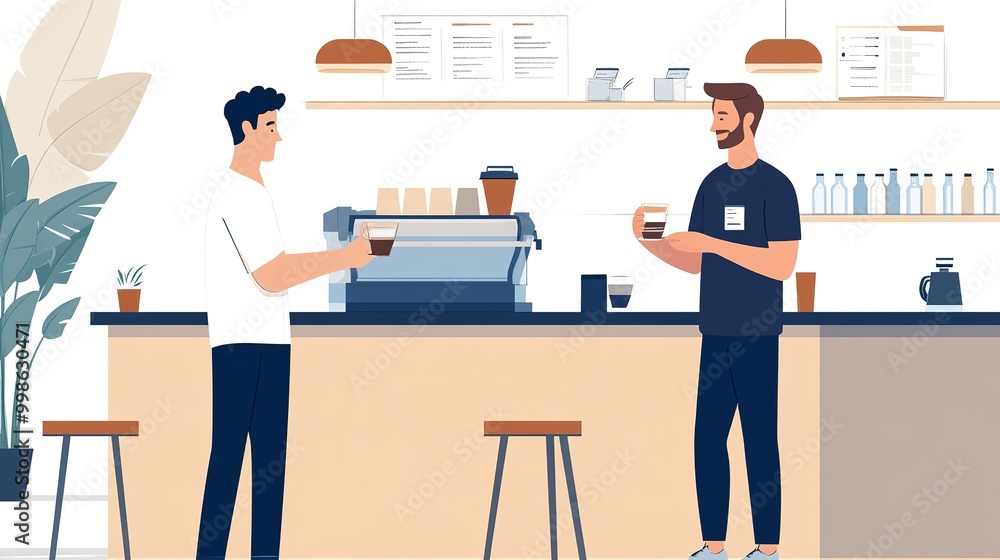 A salesman interacting with a client over a coffee in a casual, yet professional, cafa setting A salesman interacting with a client over a coffee in a casual, yet professional, cafa setting