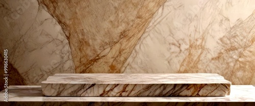 A marble pedestal with a rectangular top rests on a marble countertop, set against a marble wall with a subtle pattern