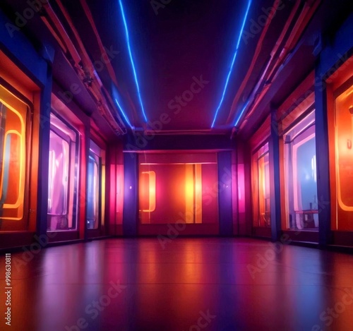 a futuristic interior space with a long, narrow corridor illuminated by a series of blue and purple lights The walls are made of glass, and the floor is made of
