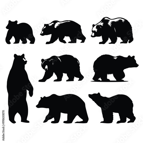 black silhouette brown bear set vector with white background