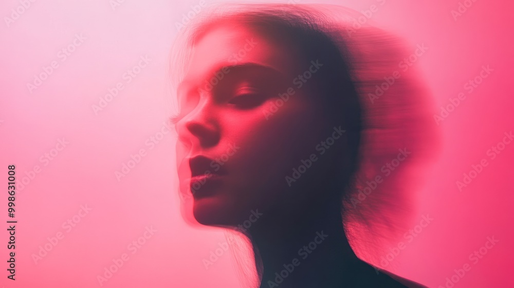 Abstract portrait of a woman with blurry pink light and a blurred background. Abstract portrait of a woman with blurry pink light and a blurred background.