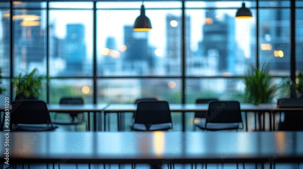 Blurred city view through a window with an empty table and chairs in a modern office. Blurred city view through a window with an empty table and chairs in a modern office.