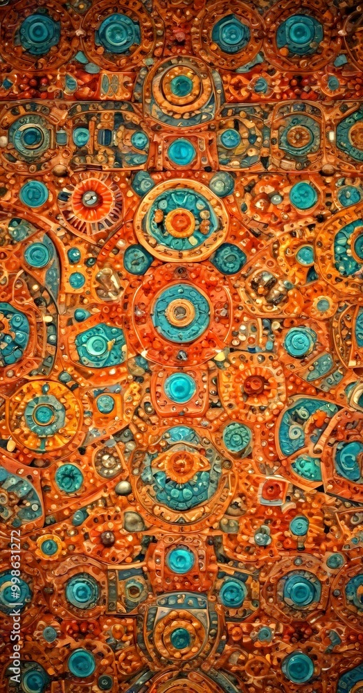 a close-up view textured surface with a repeating pattern of circular shapes in various shades of blue, orange, and brown a close-up view textured surface with a repeating pattern of circular shapes in various shades of blue, orange, and brown