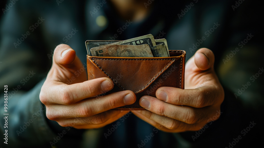 Fototapeta premium Bankruptcy Concept: Empty Wallet in Hands of Man Representing Economic Downturn, Crisis, High Cost of Living, No Credit, Financial Struggle, Urban Life Poverty