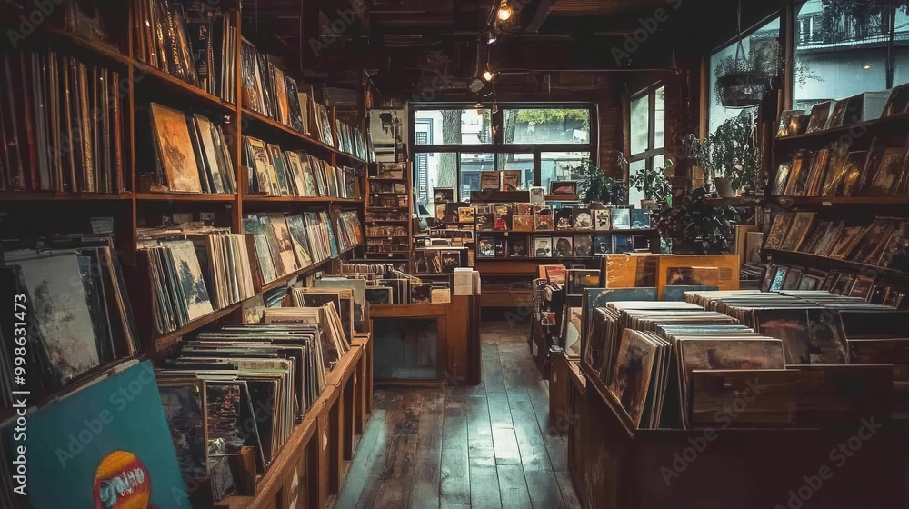 nostalgic record store interior bathed in warm amber lighting vintage vinyl collections line wooden shelves creating a cozy atmosphere for music enthusiasts to browse and discover nostalgic record store interior bathed in warm amber lighting vintage vinyl collections line wooden shelves creating a cozy atmosphere for music enthusiasts to browse and discover