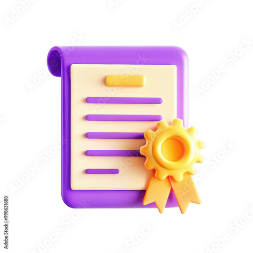 A 3D rendered icon of a certificate with a stylized seal. The design is colorful with purple and yellow highlights, giving it a modern look. photo