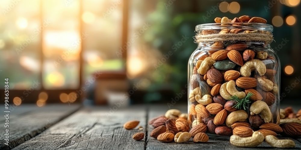 Jar of Mixed Nuts on Rustic Wooden Table Jar of Mixed Nuts on Rustic Wooden Table
