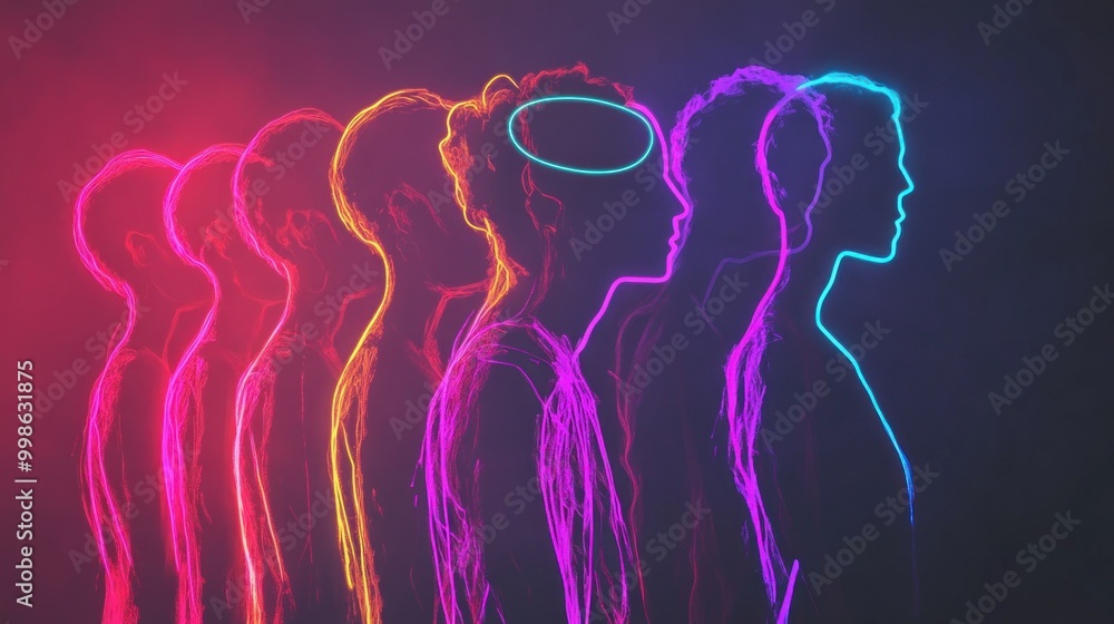 A row of abstract neon-colored figures stand against a dark background. A row of abstract neon-colored figures stand against a dark background.
