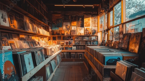 nostalgic vinyl haven cozy retro record shop interior with floortoceiling wooden shelves vintage posters and warm ambient lighting casting a golden glow on album covers