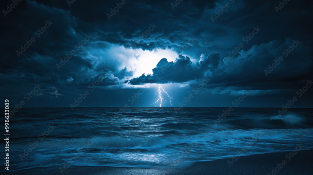 dramatic image of lightning storm over ocean, showcasing powerful flashes illuminating dark clouds and turbulent waves. scene evokes sense of awe and intensity