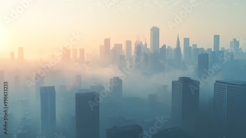 Misty city skyline at sunrise with warm hues