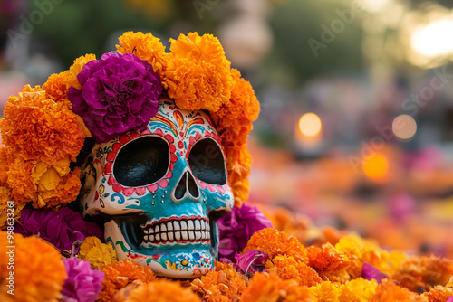 Traditional Mexican skull painted with colorful patterns with candles. Banner Halloween Day of the dead. Dia de los muertos. Traditional Mexican carnaval, Santa Muerte copyspace