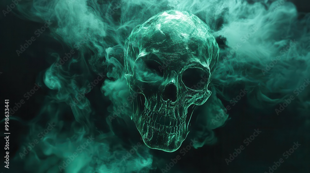 ominous glowing skull on black background intricate neon details eerie green smoke swirls around casting eerie shadows high contrast ultrarealistic 3d rendering ominous glowing skull on black background intricate neon details eerie green smoke swirls around casting eerie shadows high contrast ultrarealistic 3d rendering