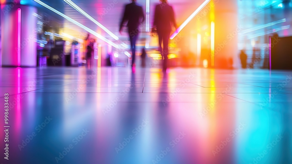 Silhouettes of people walking through a vibrant, illuminated space with colorful lights and reflections on the floor. Silhouettes of people walking through a vibrant, illuminated space with colorful lights and reflections on the floor.