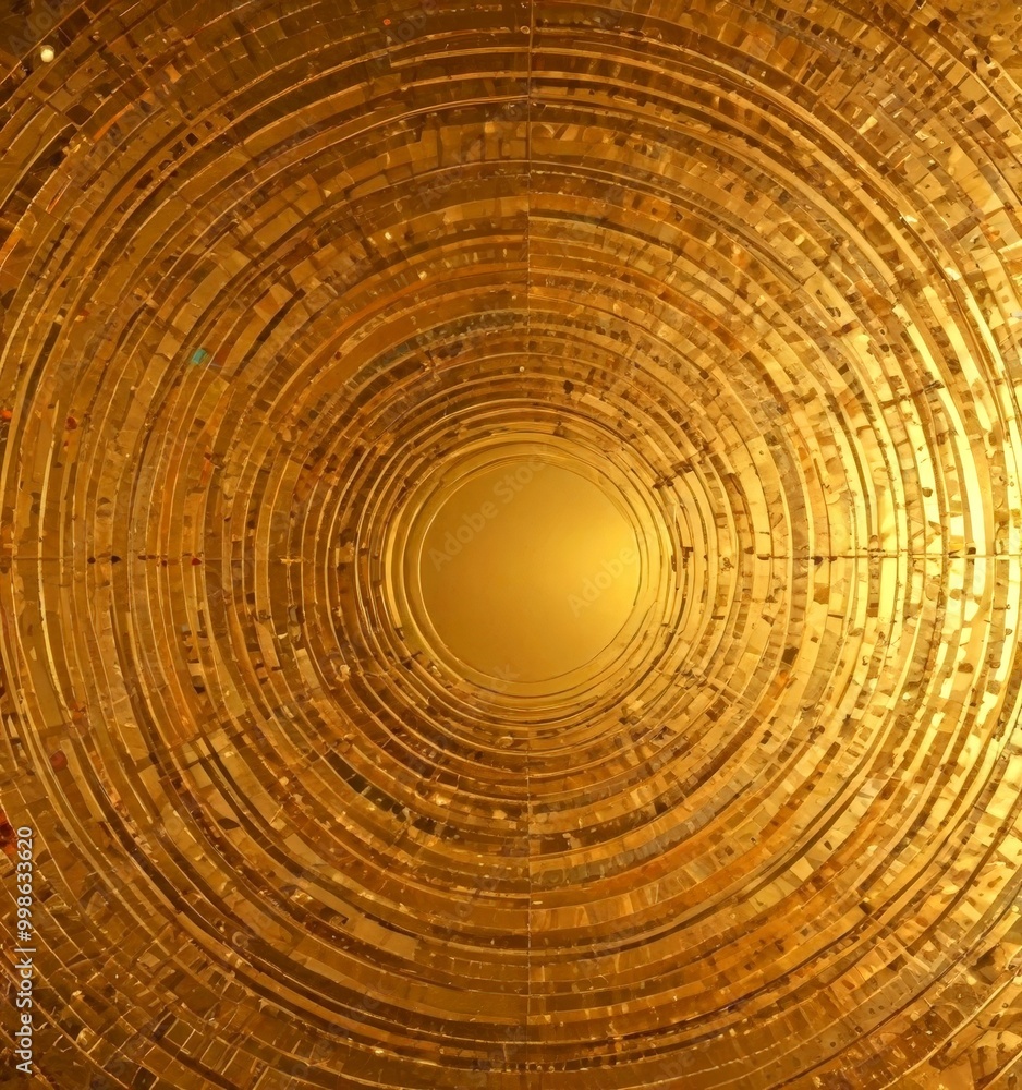 Naklejka premium a circular pattern of golden circles, with a central golden circle surrounded by concentric circles of varying sizes, creating a visually striking and intricate design