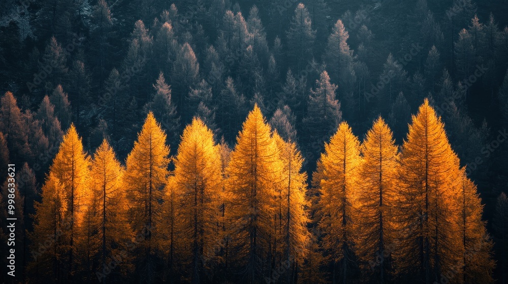Golden trees stand out against a dark forest background. Golden trees stand out against a dark forest background.