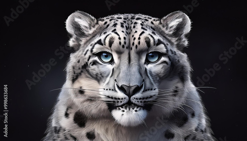 Close up portrait of a snow leopard with piercing blue eyes.