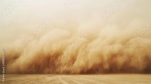 ominous sandstorm sweeping across desert massive dust clouds billow dramatically against white sky sharp contrast between sand particles and background creates surreal almost sculptural effect