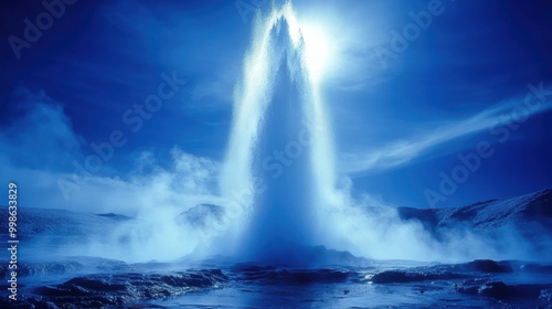 geyser erupting, shooting water and steam high into air, creates stunning display against blue backdrop. powerful eruption captivates with its natural beauty and energy