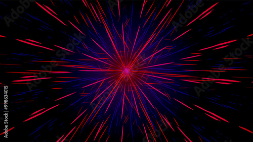 abstract explosion of red and blue light streaks radiates from the center against a dark background. Super high speed luminous neon energy featuring black outerspace of universe