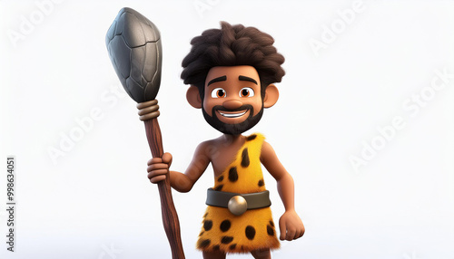 Cartoon Illustration of a Smiling Caveman Holding a Spear