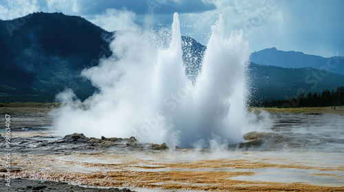 geyser exploding from earth in burst of steam and water, surrounded by stunning natural landscape. powerful eruption creates dramatic scene against backdrop of mountains