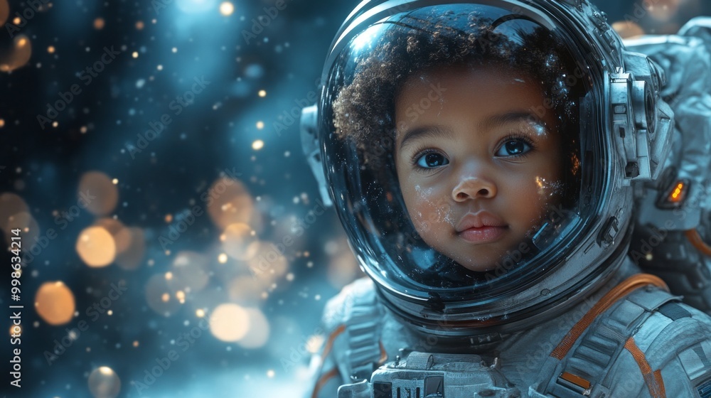 A young child in a space suit is looking at the camera A young child in a space suit is looking at the camera