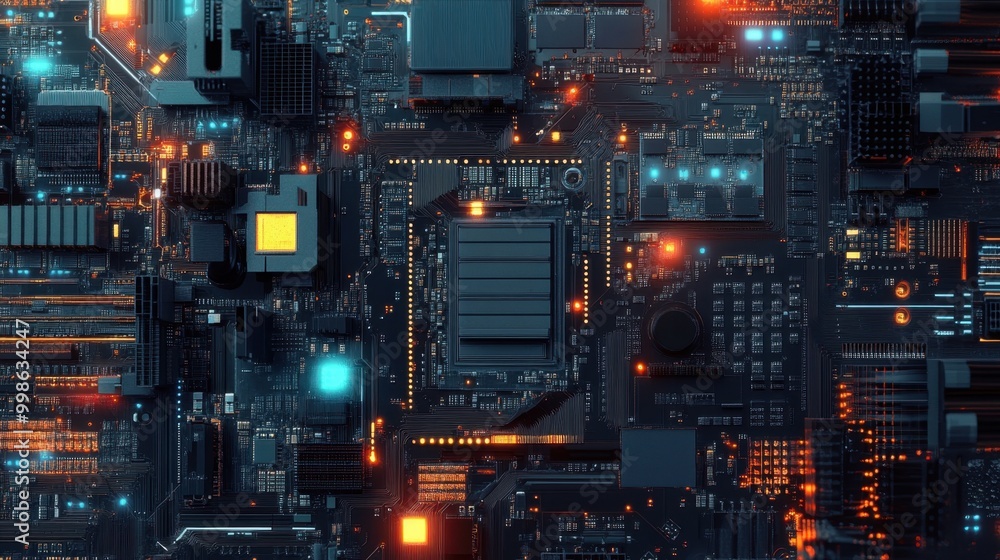 A high-tech motherboard with visible data chips, processors, and circuitry, representing the backbone of modern communication devices A high-tech motherboard with visible data chips, processors, and circuitry, representing the backbone of modern communication devices